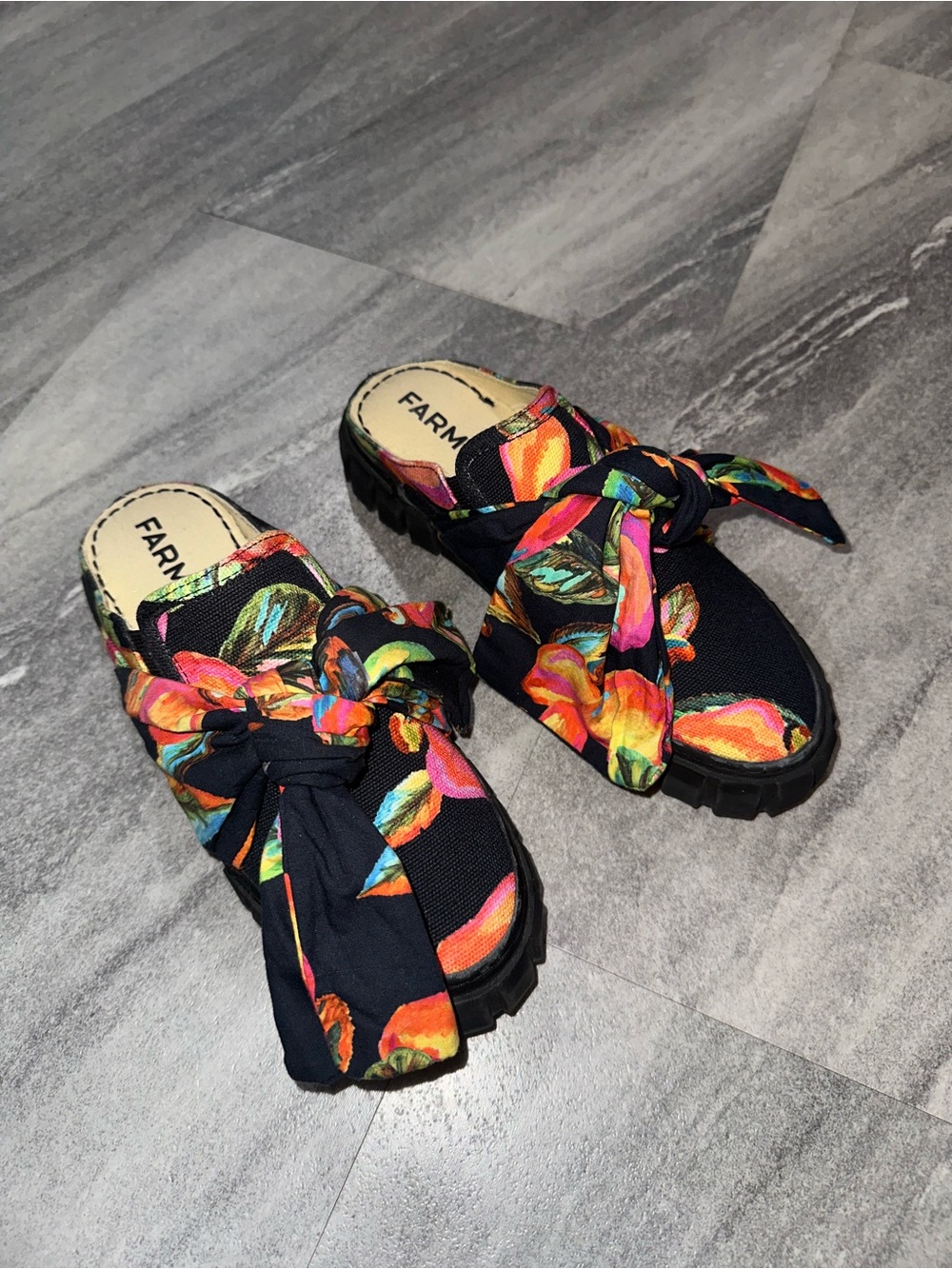 NWOB Farm Rio Cashew Platform Mules in Cashew Black 7.5